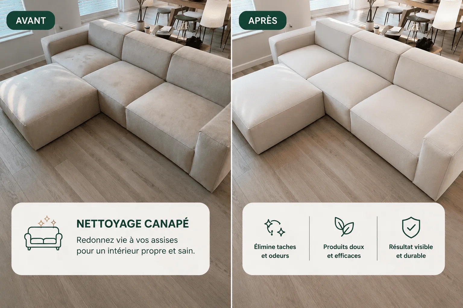 Nettoyage de canapé à Genève — avant/après